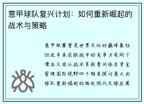 意甲球队复兴计划：如何重新崛起的战术与策略