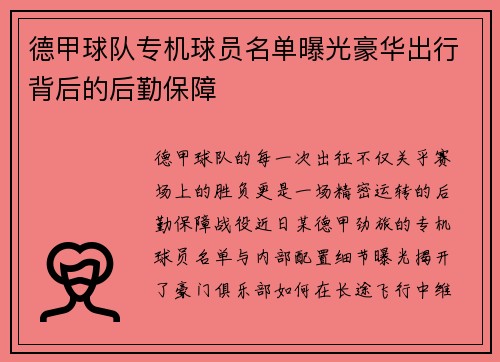 德甲球队专机球员名单曝光豪华出行背后的后勤保障